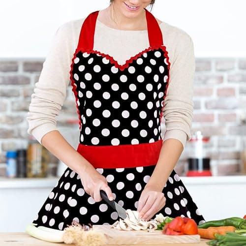 Violet Mist Lovely Retro Cute Aprons for Women Black Red Lace Polka Dot Vintage Aprons for Girls Ladies Ruffle Frilly Christmas Apron Kawaii 50s Maid Kitchen Aprons for Cooking Baking Mothers Gift thumbnail 3