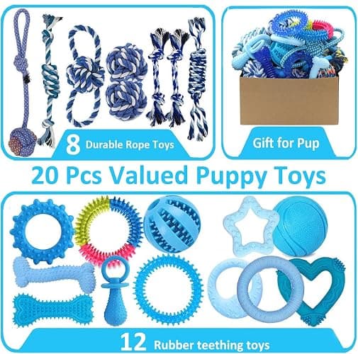 Beiker 20 Pack Puppy Chew Toys - Blue Dog Teething Toys for Puppies, Puppy Teething Rings and Ropes, Blue Rubber Toy Bundle for Small Dogs, Cute Interactive Dog Balls for Small Breed thumbnail 2