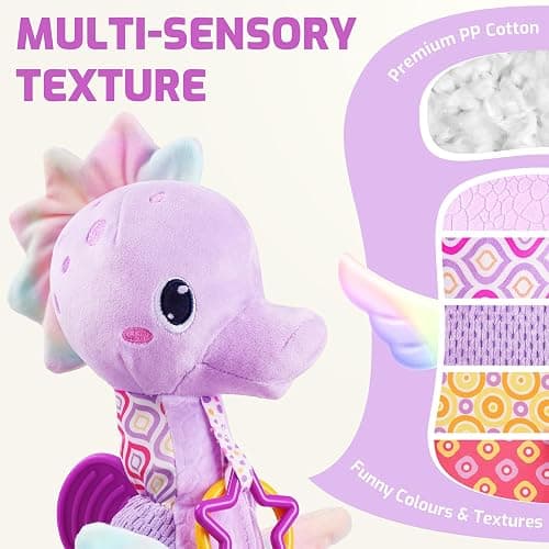 Sumobaby Infant Baby Musical Stuffed Animal Activity Soft Toys with Multi-Sensory Crinkle, Rattle and Textures, for Tummy Time Newborn 0-3-6-12 Months Girls,Seahorses - Purple with Baby Mirror thumbnail 3