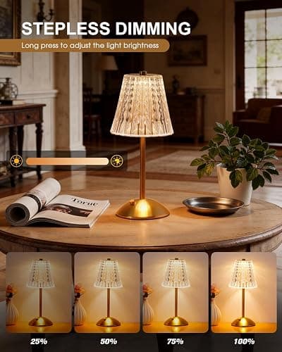 Nusogon Rechargeable Cordless Table Lamp, Touch Control Crystal Desk Lamp with 3500mAh Battery, 3 Color Dimmable LED Small Lamp for Bedroom Bedside Restaurant Kitchen Home Decor thumbnail 4