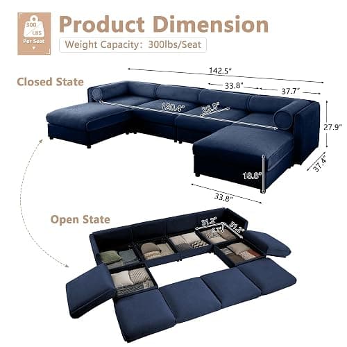HUMEHA Oversized Modular Sectional Sofa, 142.5" Chenille U-Shaped Sofa with Cylindrical Backrest & Armrest, Modern Comfy 4-Seat Sofa with 2 Ottoman, Upholstered Deep Seat Couch for Living Room, Blue - 4-Seat + 2 Ottoman - Blue thumbnail 2