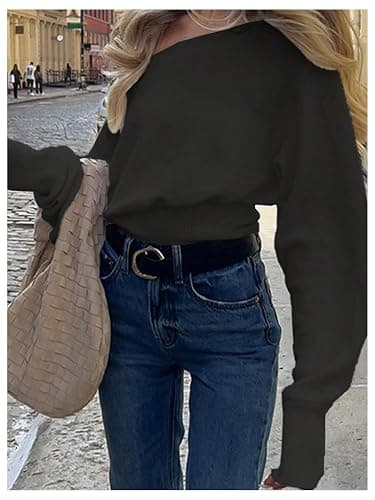 Verdusa Womens Off The Shoulder Sweater Cinched Waist Asymmetrical Tops Cropped Sweaters Fall Outfits Loose Fit thumbnail 2