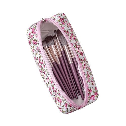 HHQQWZ Cute Floral Cotton Makeup Brush Cosmetic Bag for Women, Travel Quilted Zipper Make Up Bag, Flowers Toiletry Organizer Case Kawaii Makeup Cosmetic Travel Cloth Pouch (Pink+Red Floral) thumbnail 4