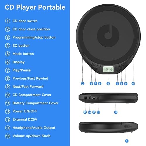 Gueray Portable CD Player with Earphones,CD Discman for Car Home with Anti-Skip Shockproof Protection,Personal Discman CD Music Player with LCD Display Support PROG Memory Function thumbnail 8