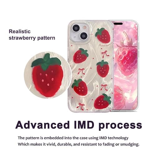 Tewwsdi Cute Glitter Strawberry Phone Case with Charm for iPhone 15,Kawaii Red Bow Polka Dot Design Aesthetic Fruit Summer Phone Girly Women，Never Fade ，1.5mm Raised Edges Protect(with Charm,6.1”) thumbnail 5
