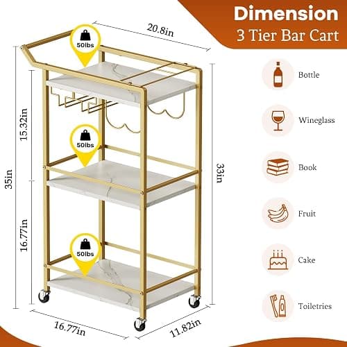 3 Tier Bar Cart Mini Liquor Utility Cart for Wine Beverage Dinner Party | Rolling Wine Coffee Drink Serving Cart with Lockable Wheels for Home Kitchen Bars (Gold) thumbnail 3