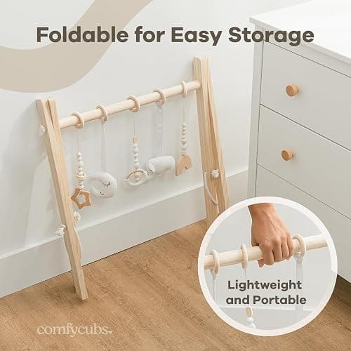 Comfy Cubs Wooden Baby Play Gym - Natural Finish Pinewood Baby Activity Gym with 5 Sensory Hanging Toys - Easy No-Tool Assembly, Safe and Durable for Infant Motor and Visual Development - Natural Wood thumbnail 7