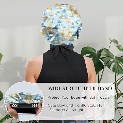 Deokke Satin Hair Braid Bonnet for Sleeping Double Layer Elastic Wide Soft Tie Band Hair Silk Lined Sleep Cap Women Girls thumbnail 5