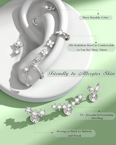 ORAZIO 16 Gauge Cartilage Earrings for Women Flat Back Hypoallergenic Surgical Steel Small Flatback Stud Hoop Cartilage Earring Stack Set Daith Conch Tragus Helix Piercing Jewelry Single PC thumbnail 8