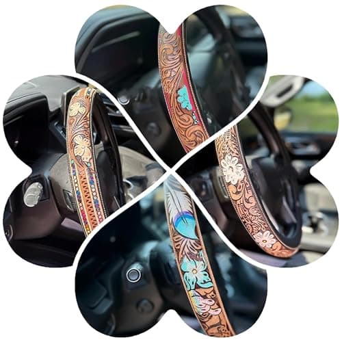 Western Leather Steering Wheel Cover - Retro Western Cowboy Handcrafted Tooled Leather, Anti Slip Universal, Auto Interiors Accessories, Breathable for Suvs,Trucks (C) thumbnail 6