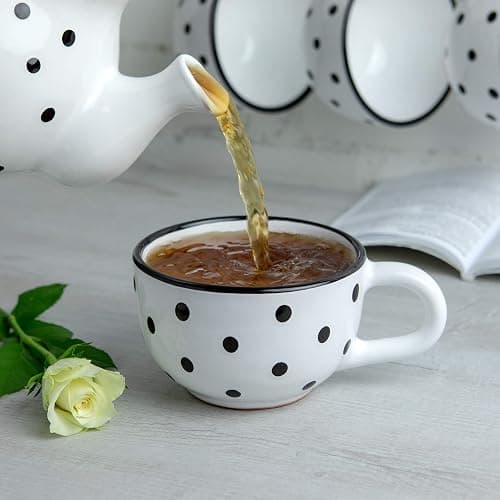 City to Cottage Handmade Ceramic Designer White And Black Polka Dot Cup, Unique Extra Large 17.5oz/500ml Pottery Cappuccino, Coffee, Tea, Soup Mug | Housewarming Gift for Tea Lovers thumbnail 4