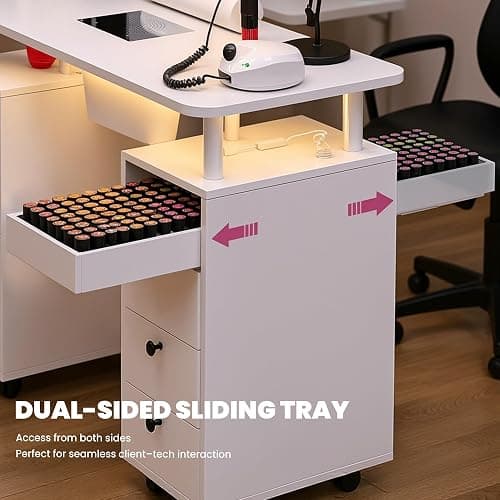 HolaiNail Nail Desk for Nail Tech w/Electric Dust Collector, Rolling Manicure Table w/Lockable Wheels, Storage Drawers, Wrist Cushion, Acetone Resistant, for Nail Beauty Salon Workstation (White) thumbnail 6