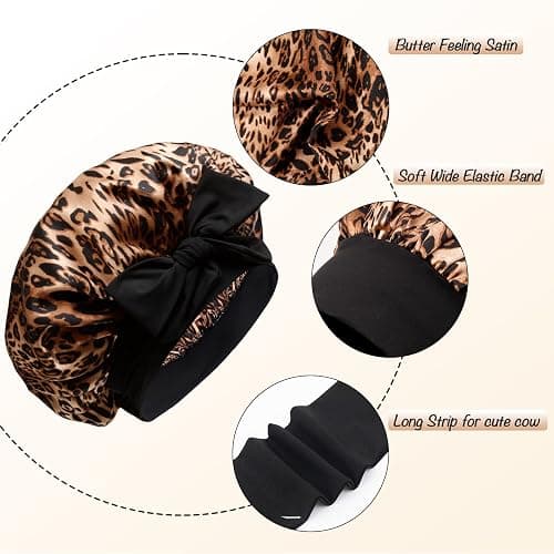 Silky Satin Hair Bonnet, Night Cap for Black Women Hair Care with Soft Strechy Tie Band - Jumbo Satin Sleep Cap(Leopard) thumbnail 2
