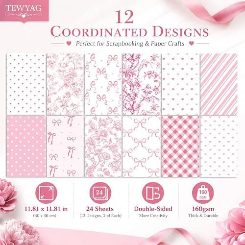 Pink Scrapbook Paper Double Sided 12x12 Coquette Bows Floral 24 Sheets thumbnail 5