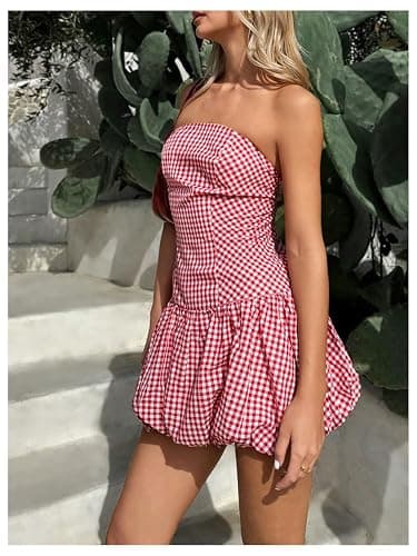 SweatyRocks Women's Plaid Strapless Bubble Dress Sleeveless Ruffle Mini Tube Dresses thumbnail 5