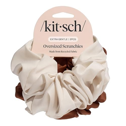 Kitsch Recycled Satin Oversized Scrunchies – Large Hair Scrunchies for Women, Eco-Friendly Hair Ties & Ponytail Holders | Ideal Gifts for Women - Camel & Cream, 2pc Set - Image 1