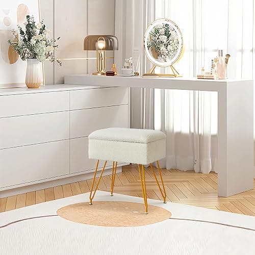 Alessing Vanity Stool Chair Ottoman with Storage, Sherpa Vanity Chair for Makeup Room, Rectangle Vanity Stools with Metal Legs, Soft Makeup Stool Footrest Footstools for Bedroom Living Room, White thumbnail 7