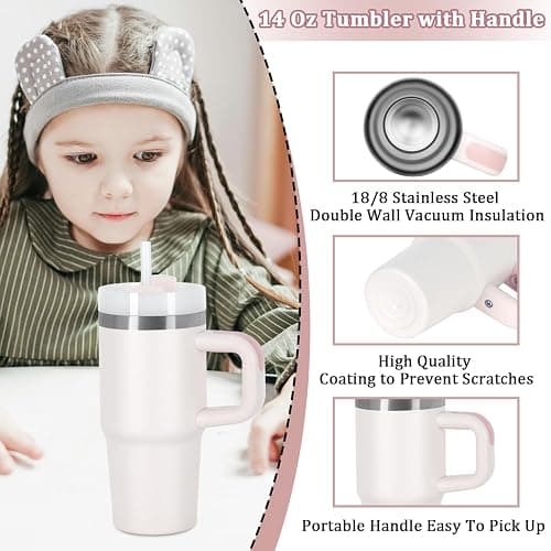 14 Oz Tumbler with Handle and Straw for Kids, Stainless Steel Vacuum Insulated Tumbler Keep Cold Heat and Ice, Gifts for Children Cups (Hot Pink) thumbnail 6