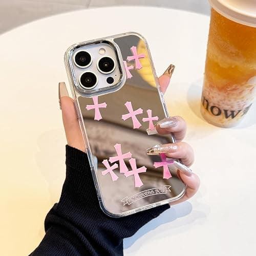 ezyuzy for iPhone 13/14 Phone Case, Bless Cross Design with Glossy Finish Phone Cover Mirror Back Shockproof Protective Case for Girls Women, Pink thumbnail 2