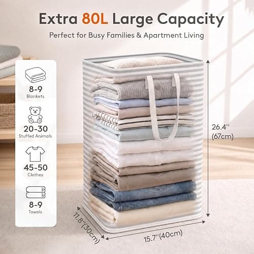 Lifewit 80L Large Laundry Baskets, 2 Pack, Reinforced Handles, Grey | Collapsible Laundry Hamper, Dirty Clothes Hamper, Waterproof Freestanding Design for Dorm, Laundry Room, Bedroom, Bathroom thumbnail 2