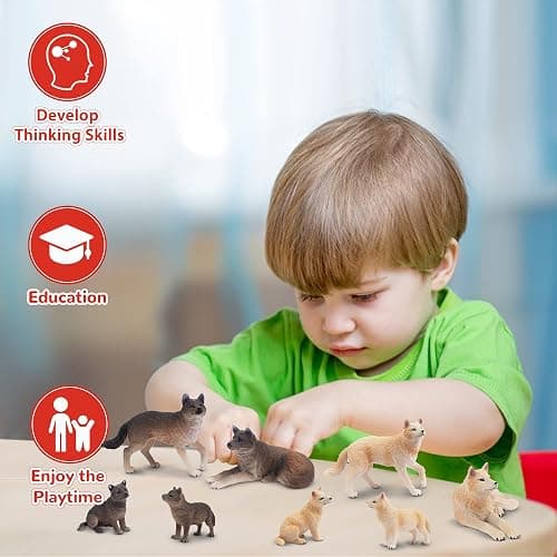 Toymany 8PCS Wolf Figures Forest Animals Toy Figurines - Realistic Jungle Zoo Animal Figurines，Educational Toy Cake Toppers Christmas Birthday Gift for Kids Boys Girls thumbnail 6