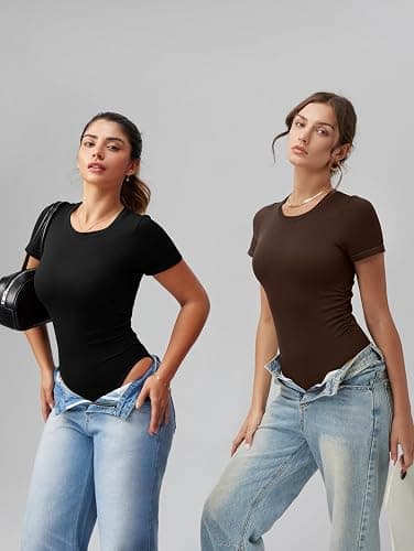 OQQ Women's Crew Neck Short Sleeve Bodysuit Ruched Stretch Vacation Basic for Tops Spring & Summer thumbnail 6