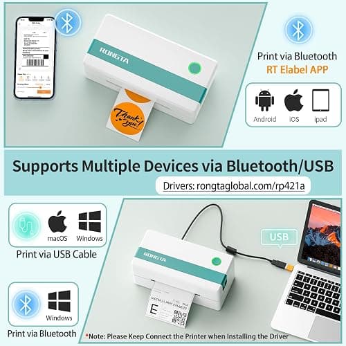 Rongta Thermal Shipping Label Printer, Bluetooth Wireless 4x6 Sticker Label Maker for Package, Compatible with Windows, Mac, Android & iPhone, Used for Small Business thumbnail 2