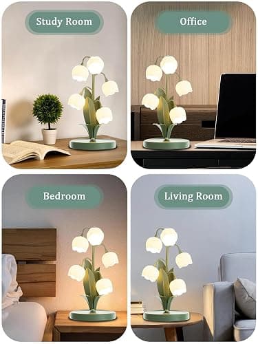 Green Flower Lamp for Home,Bedside Vintage Table Lamps,5 Lily of The Valley Reading Lights,3 Colors Modes Kawaii Bedside Lamp Decor,with G4 Bulb Nightstand Light for Living Room Office Bedroom - Green thumbnail 4