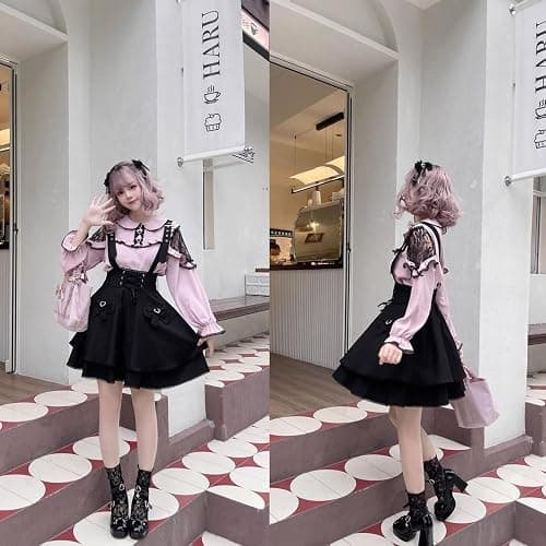 Cuteighteen Goth Mini Skirt Teens High Waisted Y2K Cute Lace Lolita A Line Flare Kawaii Suspender Skirts with Bow thumbnail 4