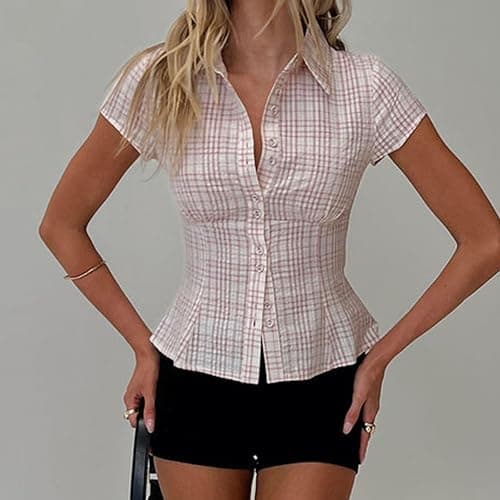 Women's Plaid Button Down Shirt Y2K Short Sleeve Vintage Blouse Top thumbnail 3