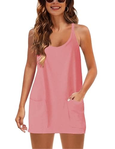 Zhiyouni Women's Summer Sleeveless Mini Dress V Neck Spaghetti Straps Athletic Built-in Shorts Sundress - Medium - Coral thumbnail 4