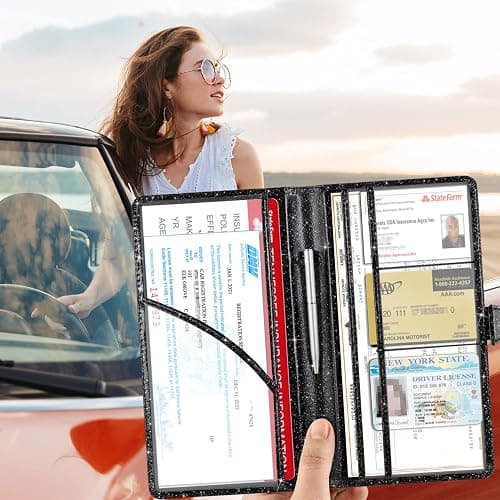RSAquar Car Registration and Insurance Holder, Vehicle Glove Box Organizer Cool Car Accessories, Auto Truck Document Holder for Cards, Driver License, Black Glitter - AAA Glitter Black thumbnail 8