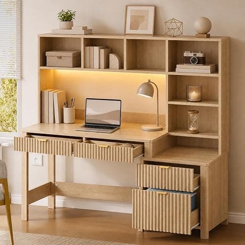 DWVO 61 Inch Computer Desk with Hutch and Drawers | Home Office Desk with Power Outlets and LED Lights, Large Gaming Desk with File Drawer thumbnail 3