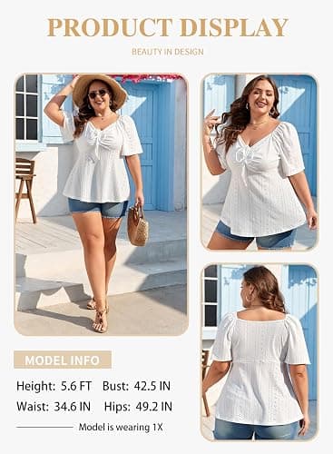 Eytino Womens Plus Size Tops Sweetheart Neck Short Sleeve Eyelet Embroidery Summer Loose Peplum Shirts(1X-5X) thumbnail 3