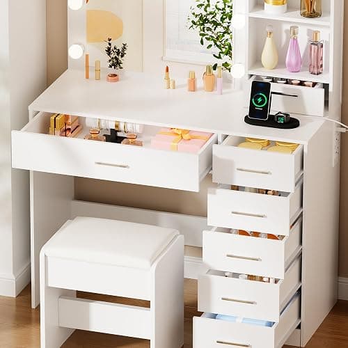 BEWISHOME Dressing Table with Mirror and LED Lights,Vanity Desk with Stool | Adjustable Brightness,Vanity Table with Power Outlet,7 Drawers and Open Shelves,Modern Makeup Table for Bedroom,White,YFST51W thumbnail 3