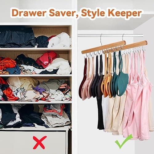 NECAMOCU 2 Pack Tank Top Hanger for Closet Organizer, Premium Bra Hangers | Wooden Bra Holder with 36 Foldable Hooks, 360° Rotating Design, Space Saving Storage for Tank Tops, Bras, Belts, Ties thumbnail 4
