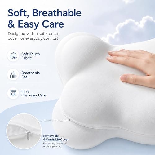SXIOQI Cloud Pillow Mellow Cloud Align Pillow Ergonomic Memory Foam Cervical Support Pillow for Side, Back & Stomach Sleepers with Breathable Washable Cover, Dual Height Comfort, White, 2 Pack thumbnail 6