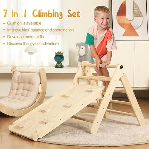 Yopnoyik Pikler Triangle Set with Cushion, 7 in 1 Toddler Climbing Toys Indoor, Montessori Foldable Climbing Set, Wooden Climbing Toys for Toddlers 1-3 Inside with Ramp, Arch and Ladder (Nature Wood) thumbnail 8