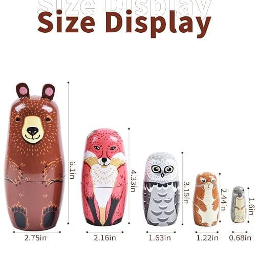 Tngan Russian Nesting Dolls, Bear Wooden Stacking Set, 5 Pcs | Bear Animal Design, Wooden 5-Piece Stacking Set, Display Decor, Gift for Kids and Collectors thumbnail 3