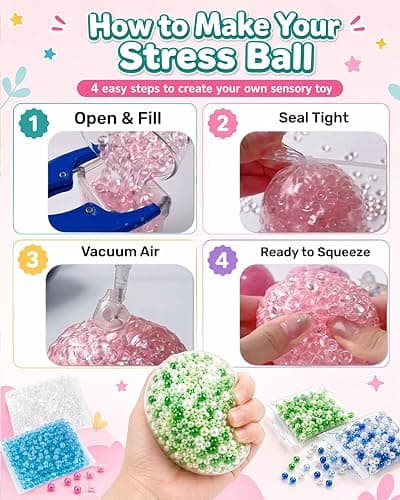 DIY Stress Ball Making Kit, Squishy Maker Kit with 15 TPR Ball Skins, 8 Types of Fillers, Air Pump Vacuum Tool & 20 Cable Ties, Make Your Own Squishies for ASMR Anxiety Relief Sensory Fidget Toys thumbnail 7