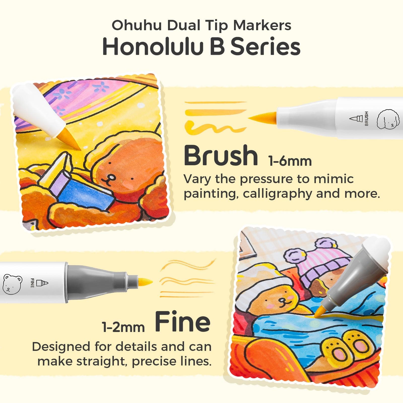 Ohuhu×Bobbie Goods Alcohol Markers: Brush & Chisel 48 Colors Alcohol Marker Set for Artists Beginners Dual Tips for Adult Coloring Books Drawing Sketching Illustration thumbnail 3