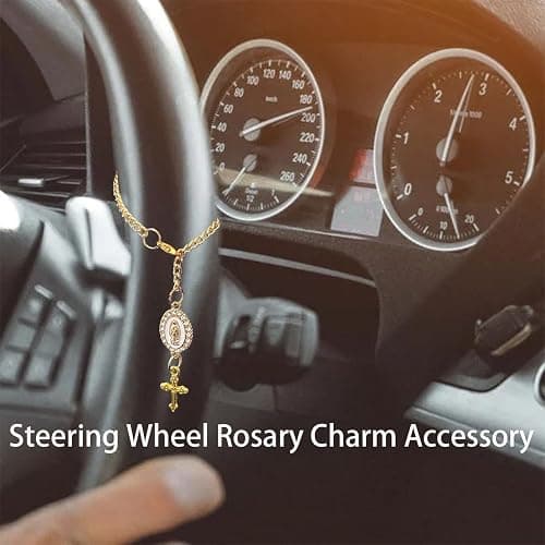 spansee Steering Wheel Rosary Charm Accessory, Catholic Rosary Hanging Pendant, Cross for Car, Steering Wheel Accessory with Virgin Mary Charm and Crucifix, Christian Gifts (Gold) thumbnail 2