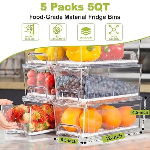 Brippo Pull-out Veggie Fridge Organizer Drawer 5-Pack | Stackable Fruit and Vegetables Refrigerator Organizer and Storage Containers, with Strainer Layer thumbnail 2