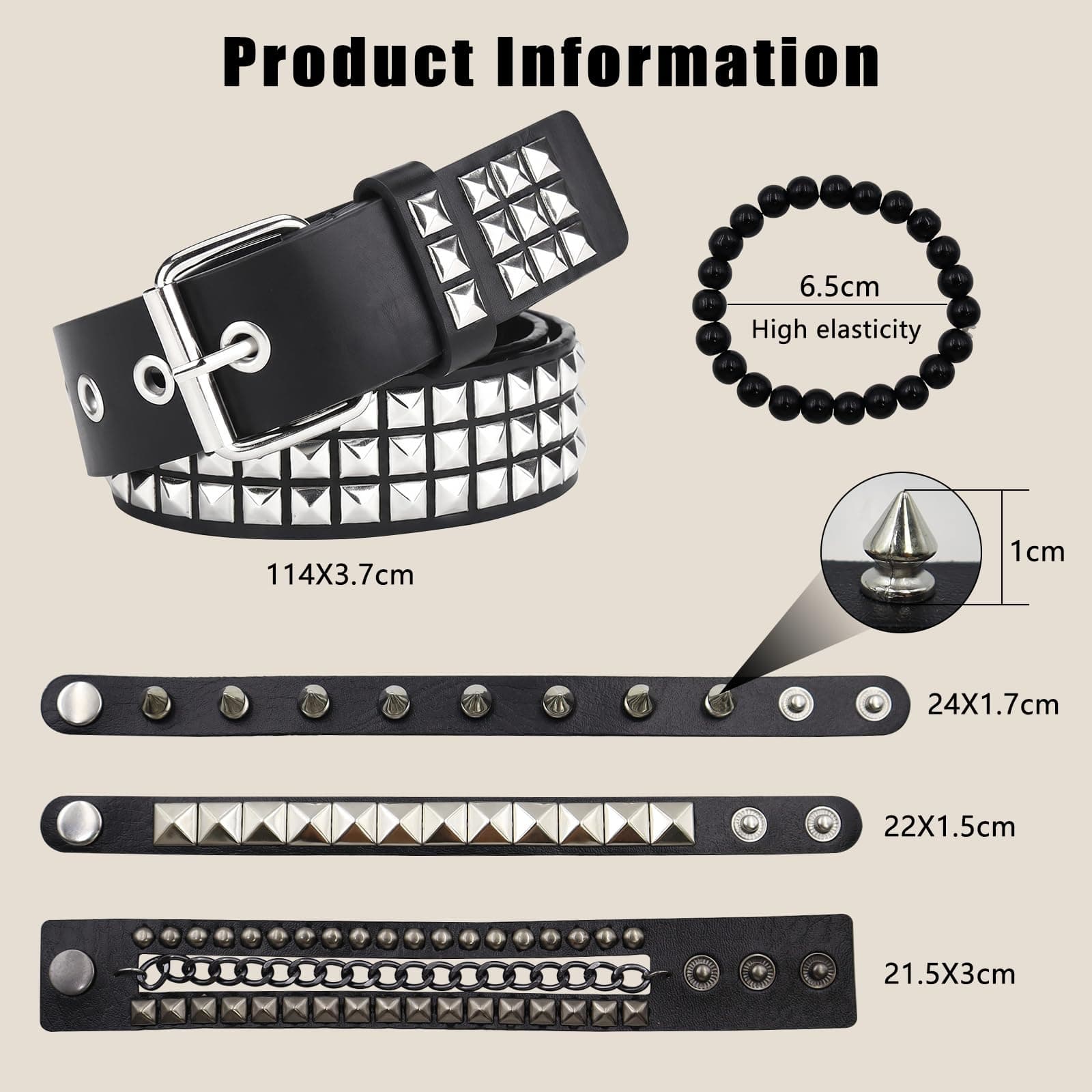 CATELL Y2K Belt Black Rivet Belt With 4 Rivet Bracelets Unisex Rivet Belt Women Punk Rock Grunge Accessories Studded Belt For 80s Party Cosplay Concert Christmas Halloween thumbnail 2