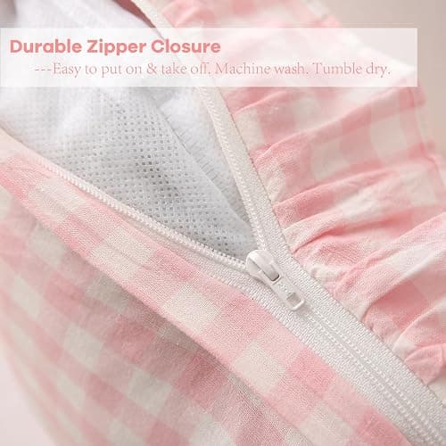 K MASANIJI 2 Pack Blush White Plaid Ruffle Gingham Lumbar Throw Pillow Covers, 100% Washed Cotton Checkered Girls Lovely Farmhouse Decorative Throw Pillow Shams for Bed/Sofa Zipper Closure- 20''x12'' thumbnail 5