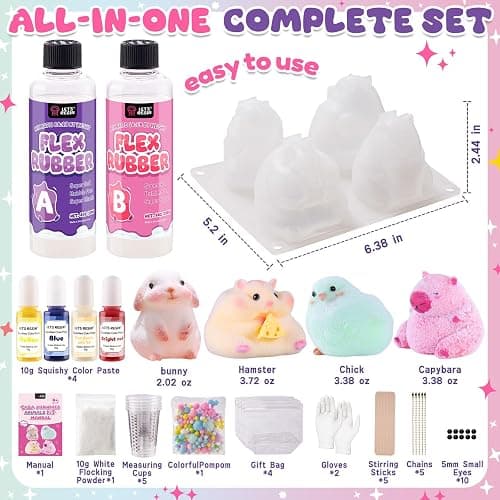 LET'S RESIN Flex Rubber for Taba Squishy Kit, All-in-one Beginner Kit for Squishy Maker, with 16oz Silicone Gel, Hamster/Capybara/Rabbit/Chick Silicone Molds, Color Paste, Flocking Powder, Ideal Gifts thumbnail 3