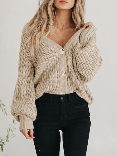 PRETTYGARDEN Women's Chunky Knit Open Front Sweater Long Sleeve Button Loose Short Cardigan Outerwear Coats thumbnail 6