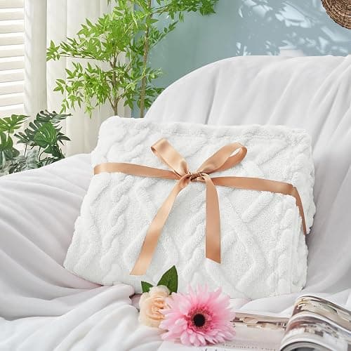 KMUSET White Fleece Blanket for Couch - Super Soft Cozy Luxury Throw Blankets for Women, Beautiful 3D Jacquard Gift Blanket for Girls, 50 x 60 Inches thumbnail 2
