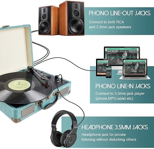 Giradischi Vinile, 3 Velocità (33 1/3, 45 E 78 Giri) stereo Portatile Giradischi, con Altoparlanti Incorporati, Bluetooth, 3.5mm AUX-IN E Jack per Cuffie, Linea RCA thumbnail 2