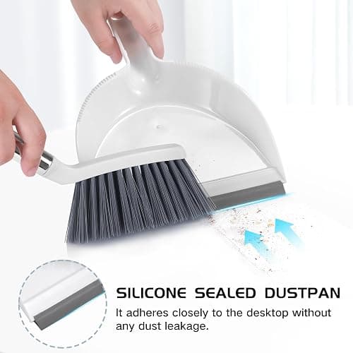 NACENA Mini Broom and Dustpan Set, Small Dust Pan and Brush Set with Handle Dustpan Teeth for Cleaning Hair Suitable for Office Desks Drawers Sofas Outdoor Camping, White & Gray thumbnail 4